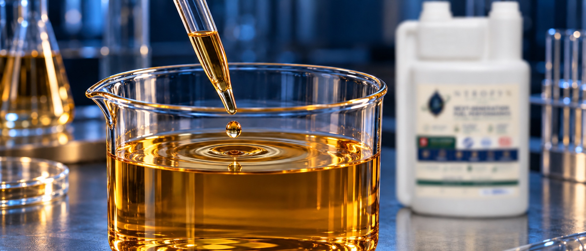 Goutte ambrée suspendue au-dessus du bécher