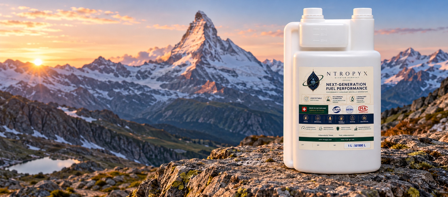Bouteille blanche NTROPYX dans un paysage alpin