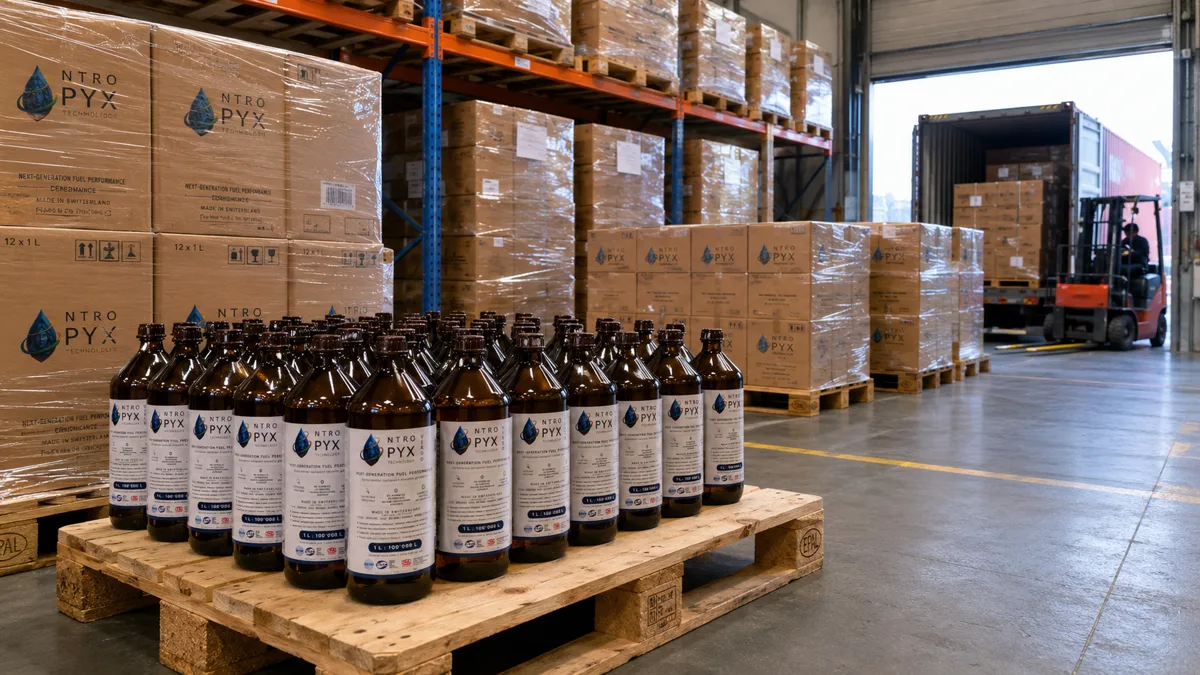 NTROPYX bottles and boxed inventory prepared inside a distribution warehouse
