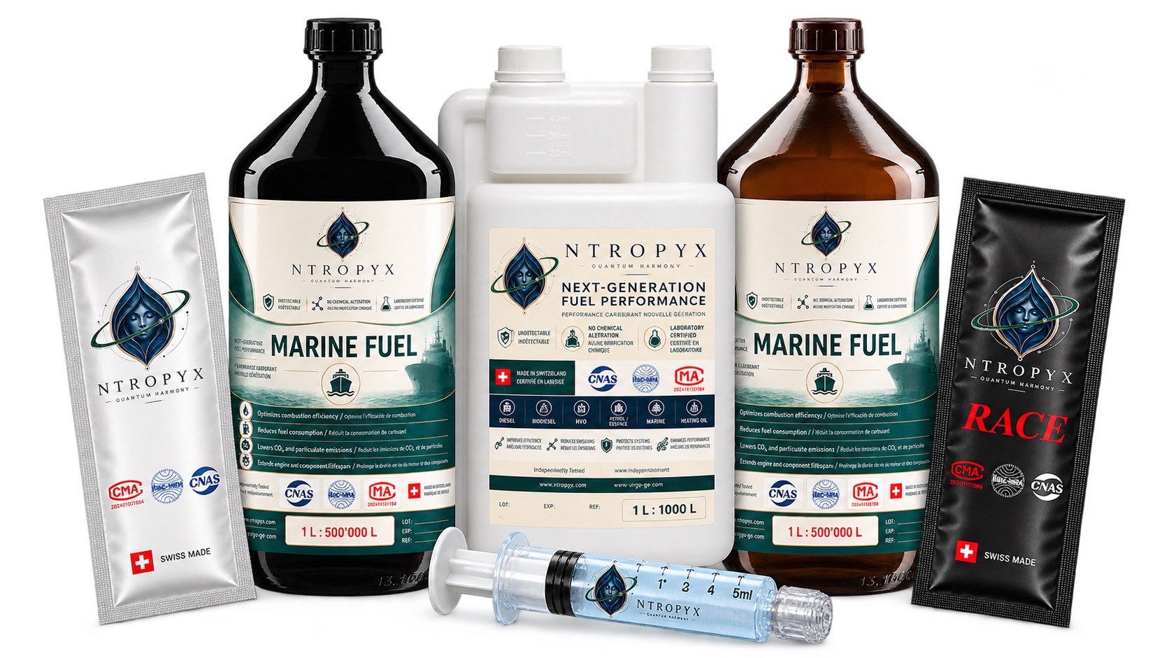 The NTROPYX range: One Dose sachet and syringe, Marine bottles in black and brown glass, the 1 litre bottle for road fuels and the Race sachet