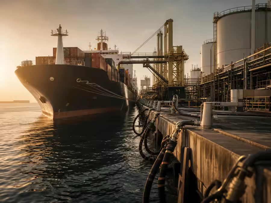 Container vessel at marine fuel terminal under load