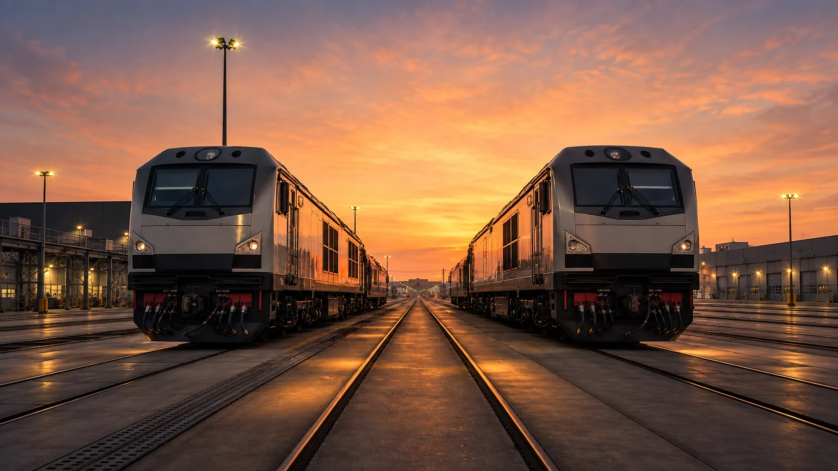 Diesel locomotives in a clean rail depot at sunset