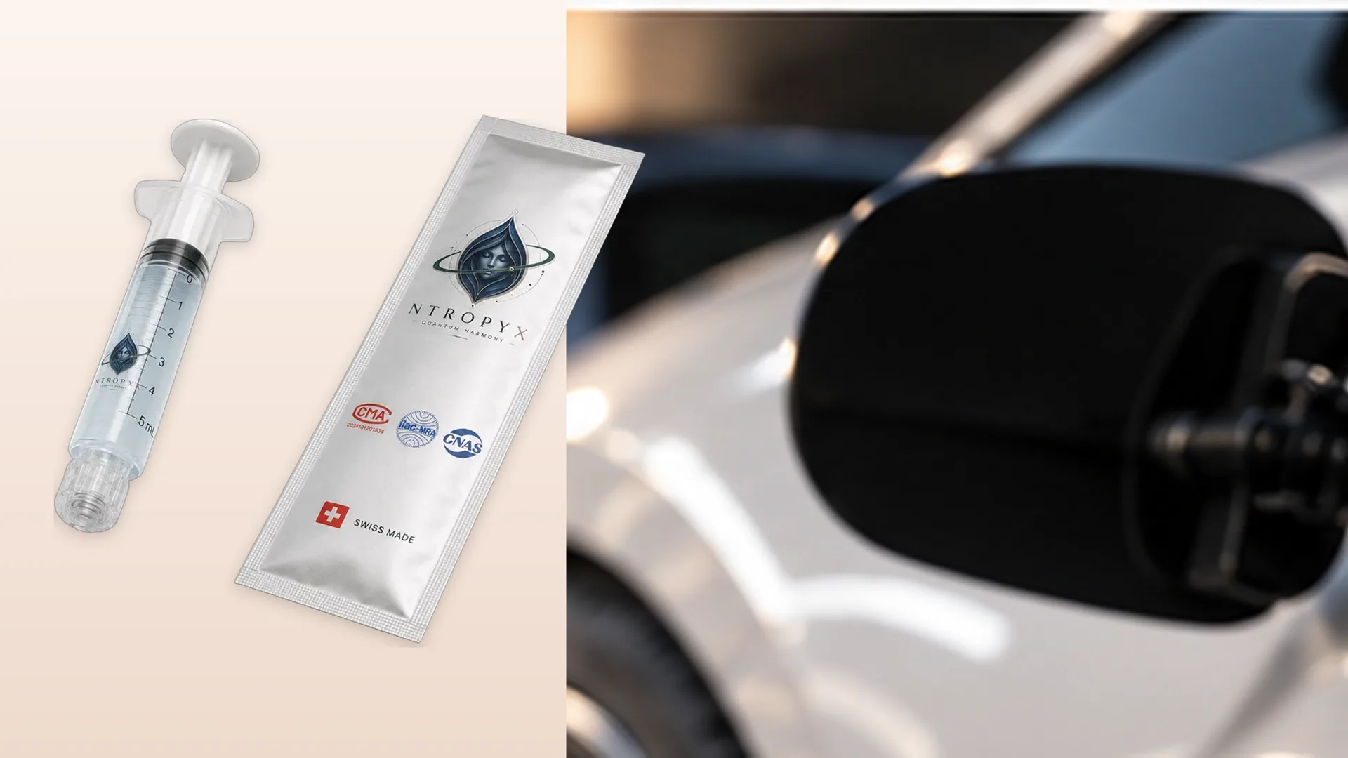 NTROPYX One Dose syringe and sachet beside the fuel door of a car