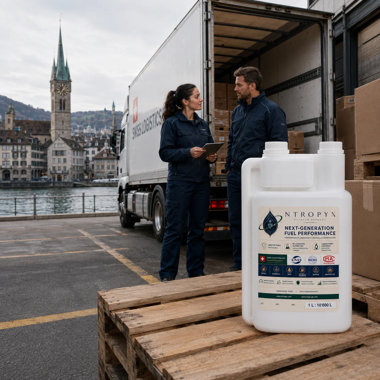 The NTROPYX 1 L : 10'000 L bottle on a pallet beside a delivery truck