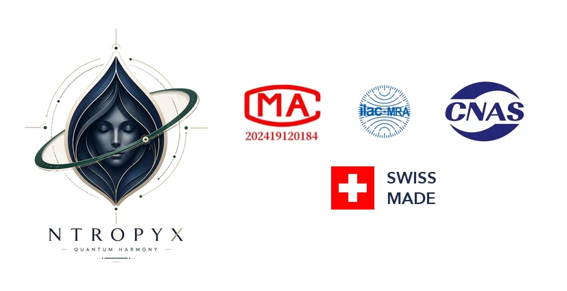 The NTROPYX logo with the CMA, ilac-MRA and CNAS marks and Swiss made