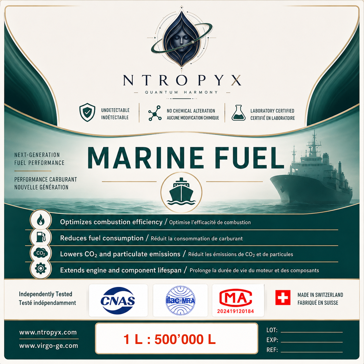 Das Etikett von NTROPYX Marine, 1 L : 500 000 L, mit den Zeichen CNAS, ilac-MRA und CMA sowie Made in Switzerland