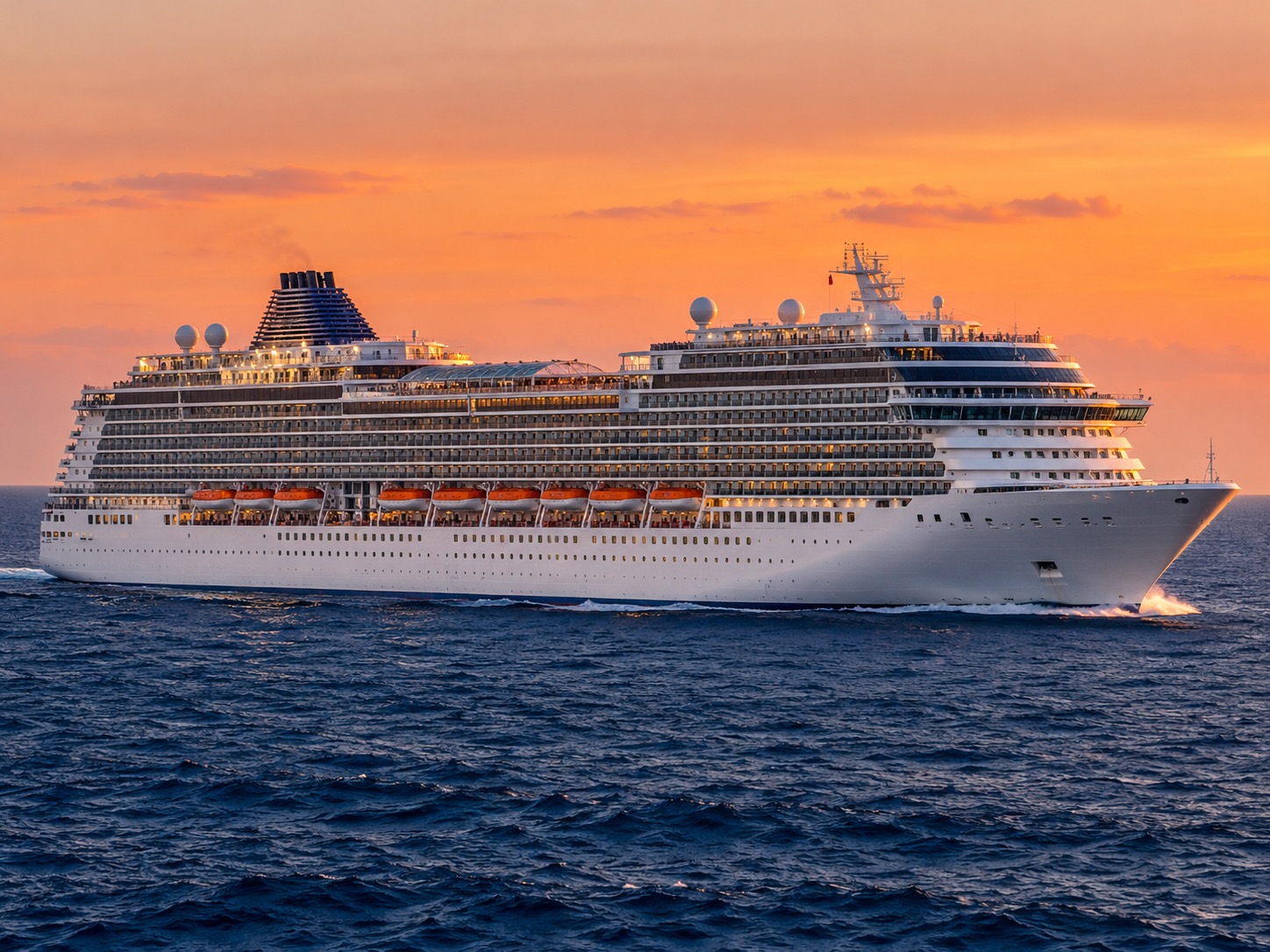 Kreuzfahrtschiff in Fahrt bei Sonnenuntergang