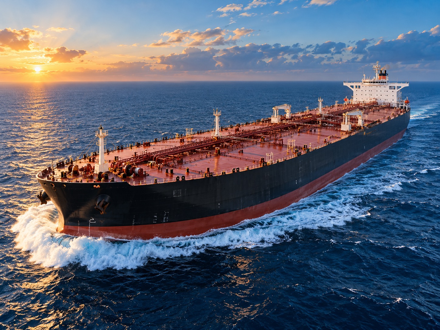 Tanker in Fahrt bei Sonnenuntergang, von oben gesehen