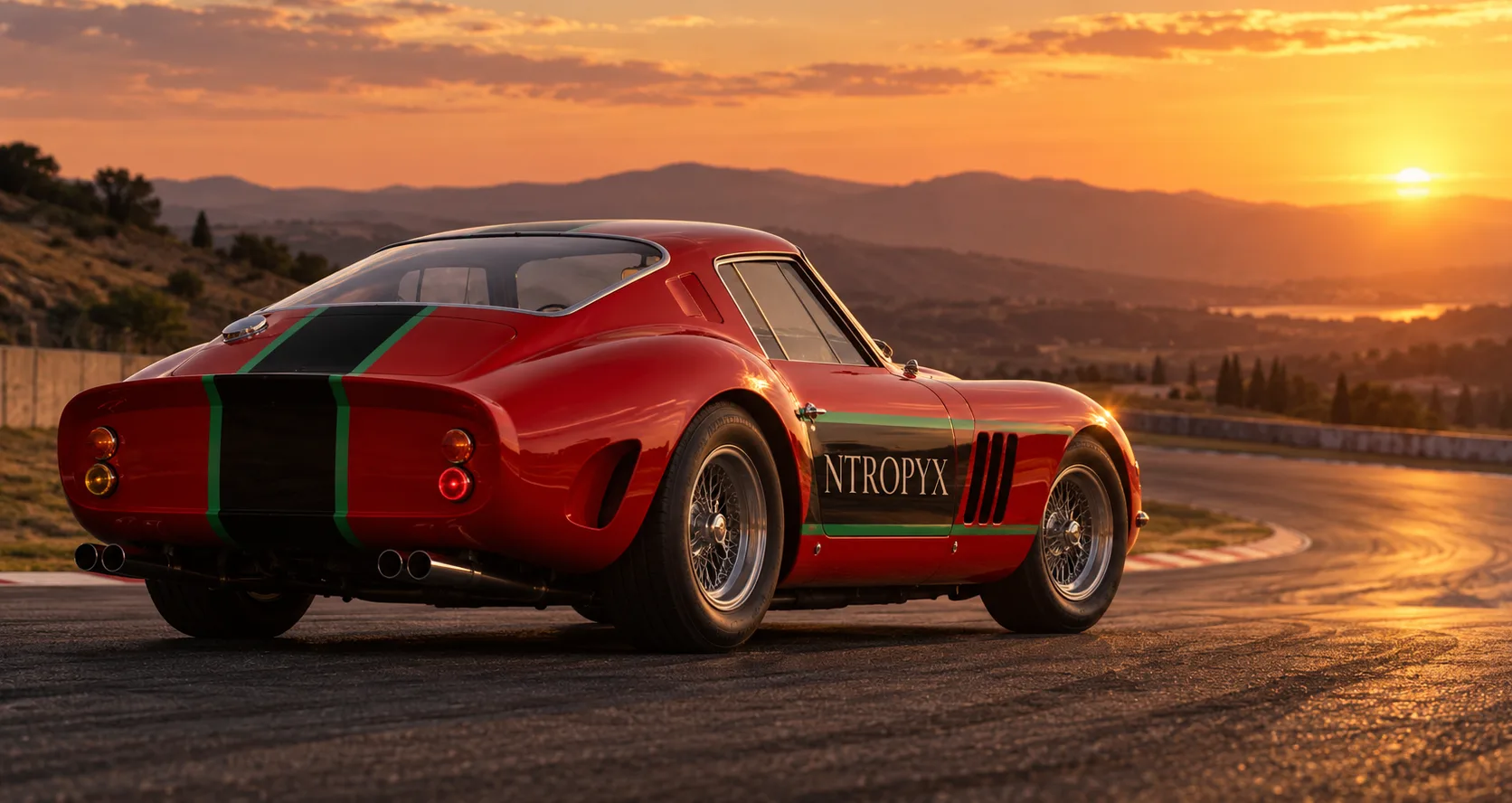 Red classic racing car with NTROPYX livery on a circuit at sunset