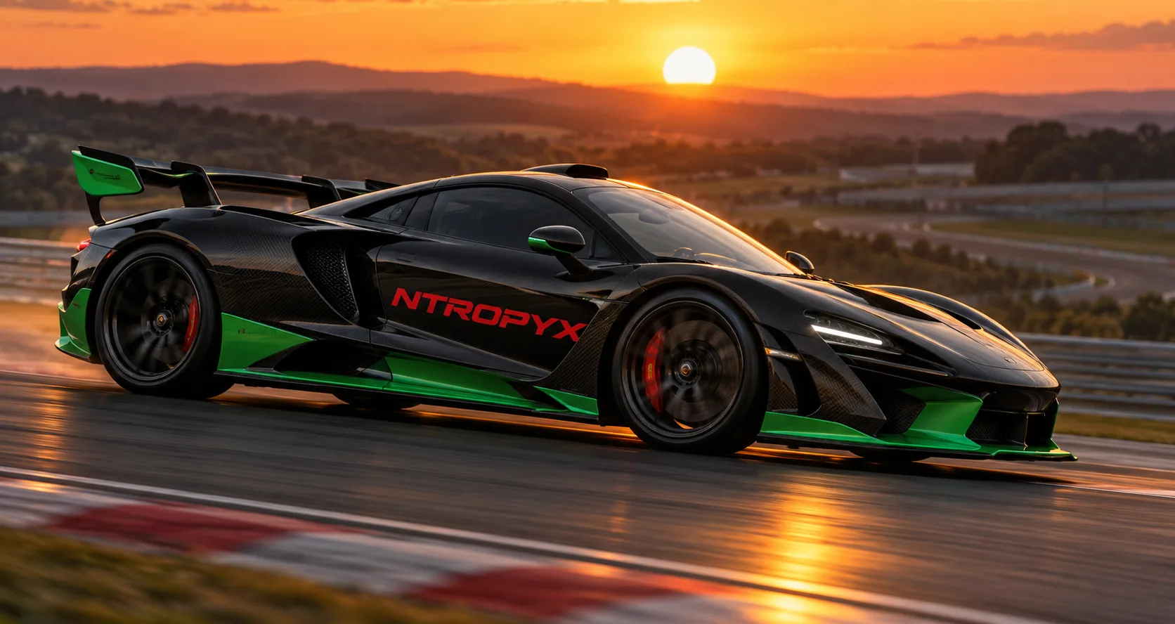 Black and green hypercar with NTROPYX livery on a circuit at sunset