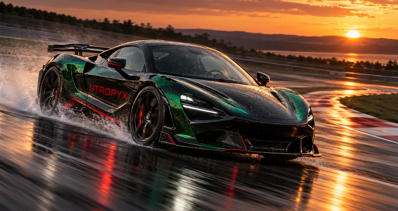 Voiture de sport noire aux couleurs NTROPYX sur un circuit mouillé au coucher du soleil