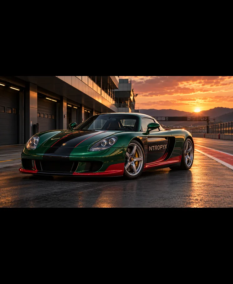 Supercar verte et noire aux couleurs NTROPYX dans la voie des stands au coucher du soleil