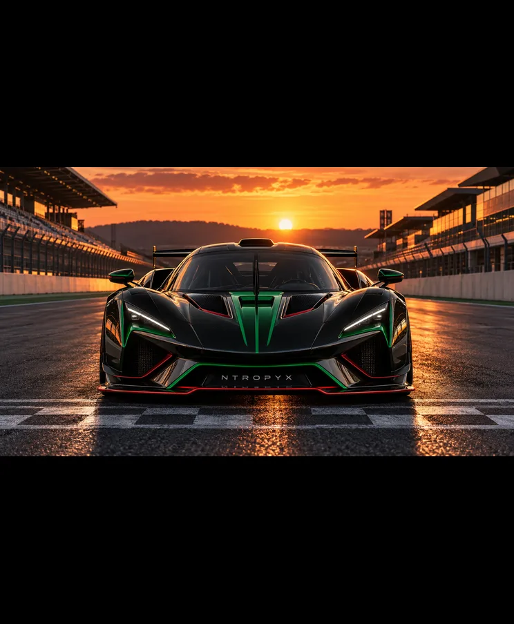 Hypercar noire et verte aux couleurs NTROPYX sur la grille de départ au coucher du soleil