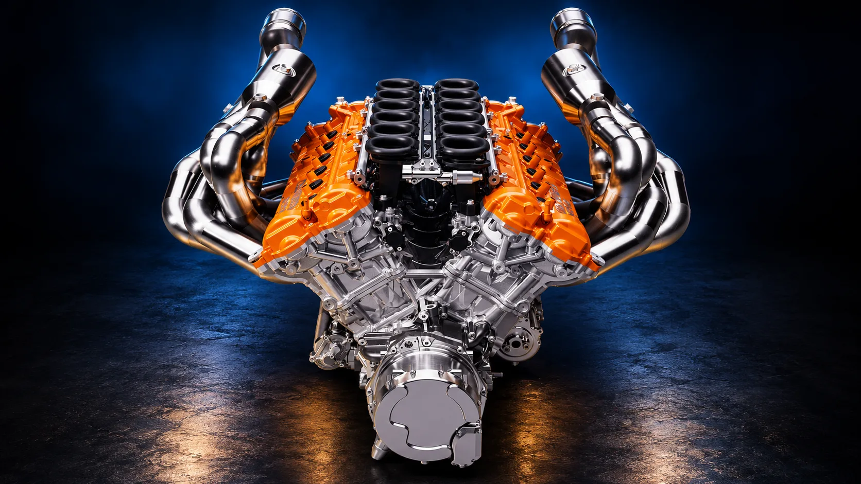 V12 engine under ultramarine light