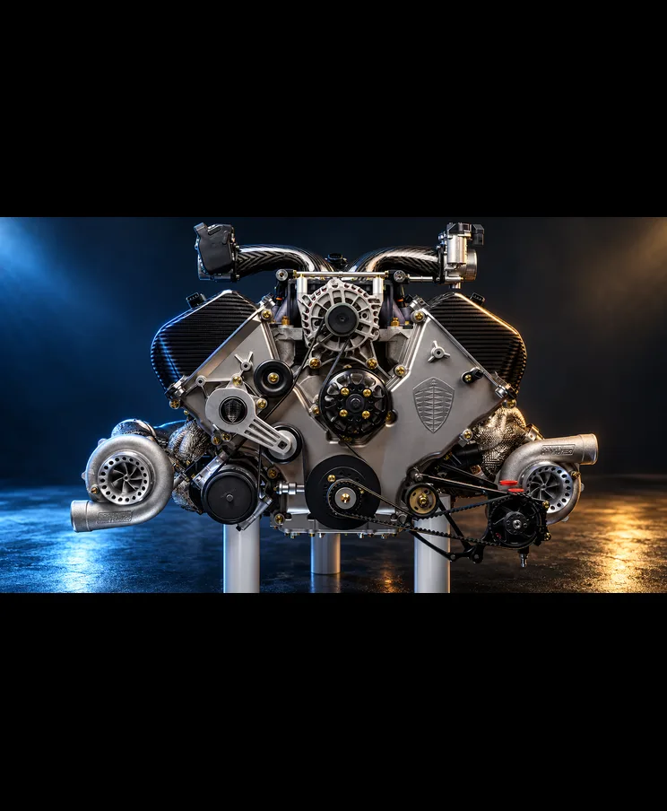 Twin-turbo V8 engine in chiaroscuro