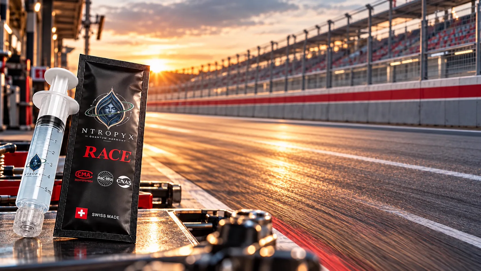 Seringue et sachet One Dose Race dans la voie des stands au coucher du soleil