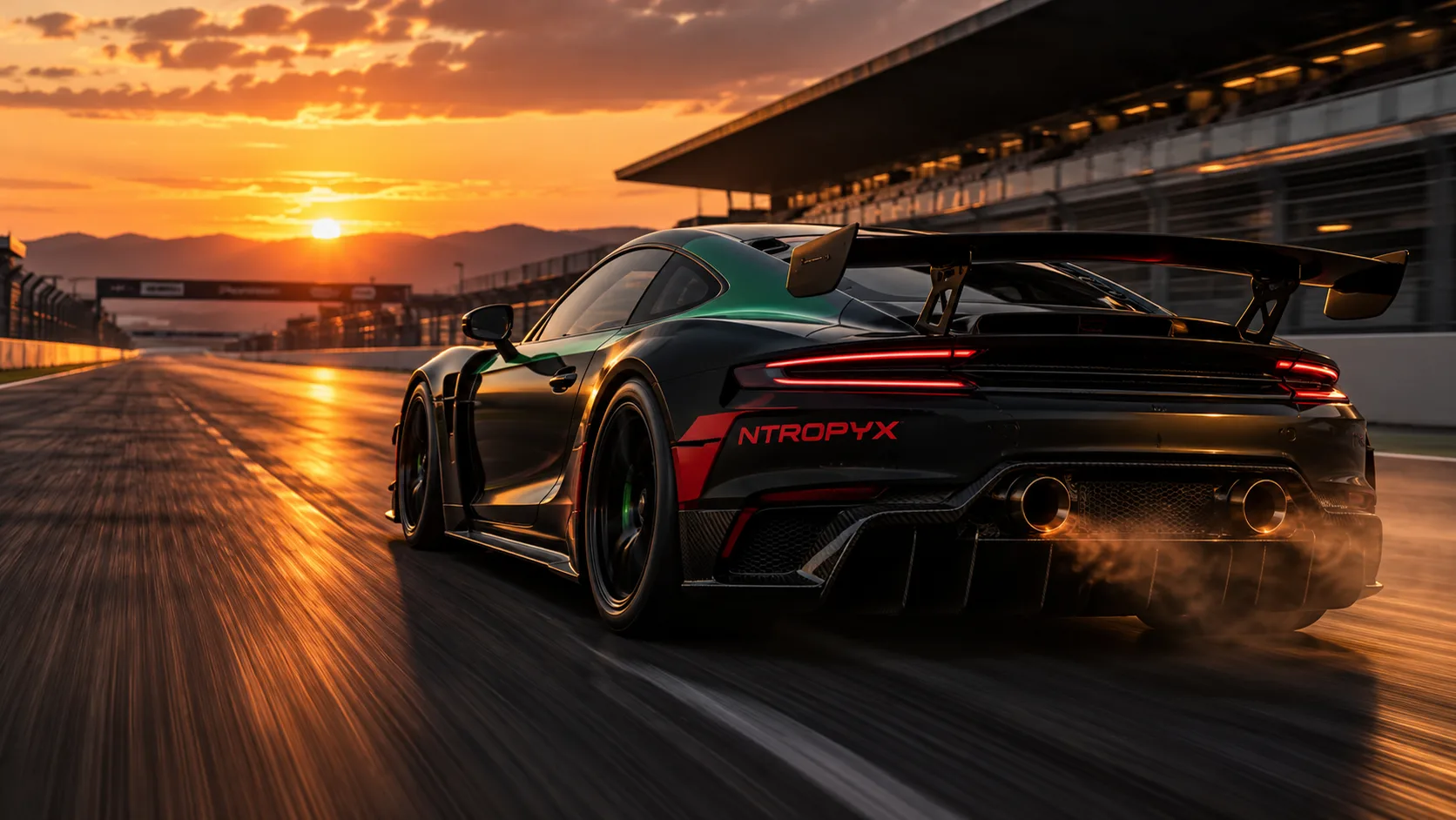 Voiture de sport noire aux couleurs NTROPYX qui accélère sur un circuit au coucher du soleil