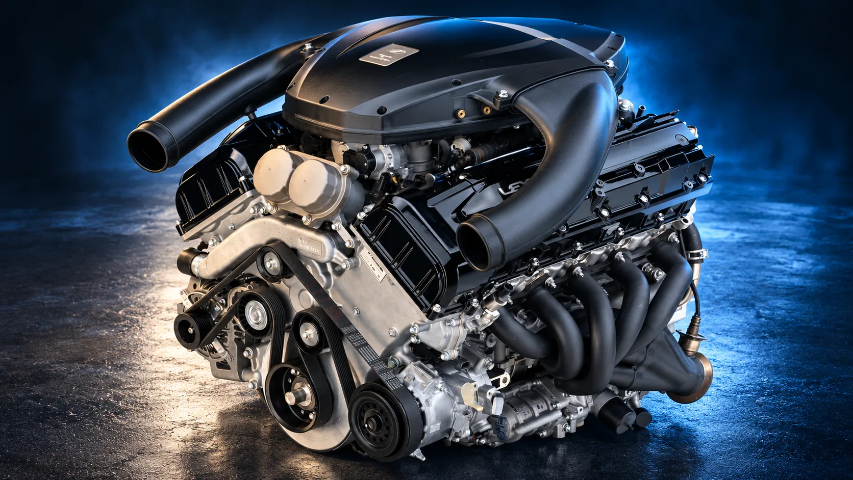 Moteur V10 sous une lumière cobalt