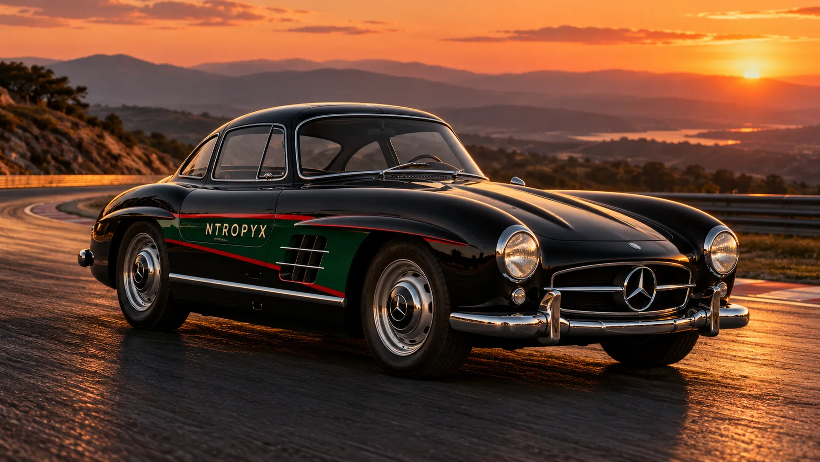 Black classic gullwing coupe with NTROPYX livery at sunset