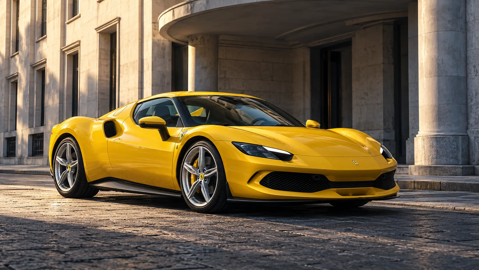 Yellow production sports car in front of a stone building