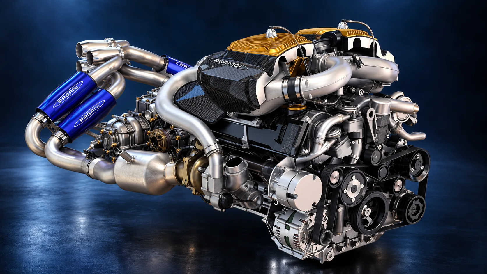 V12 engine in gold and blue light