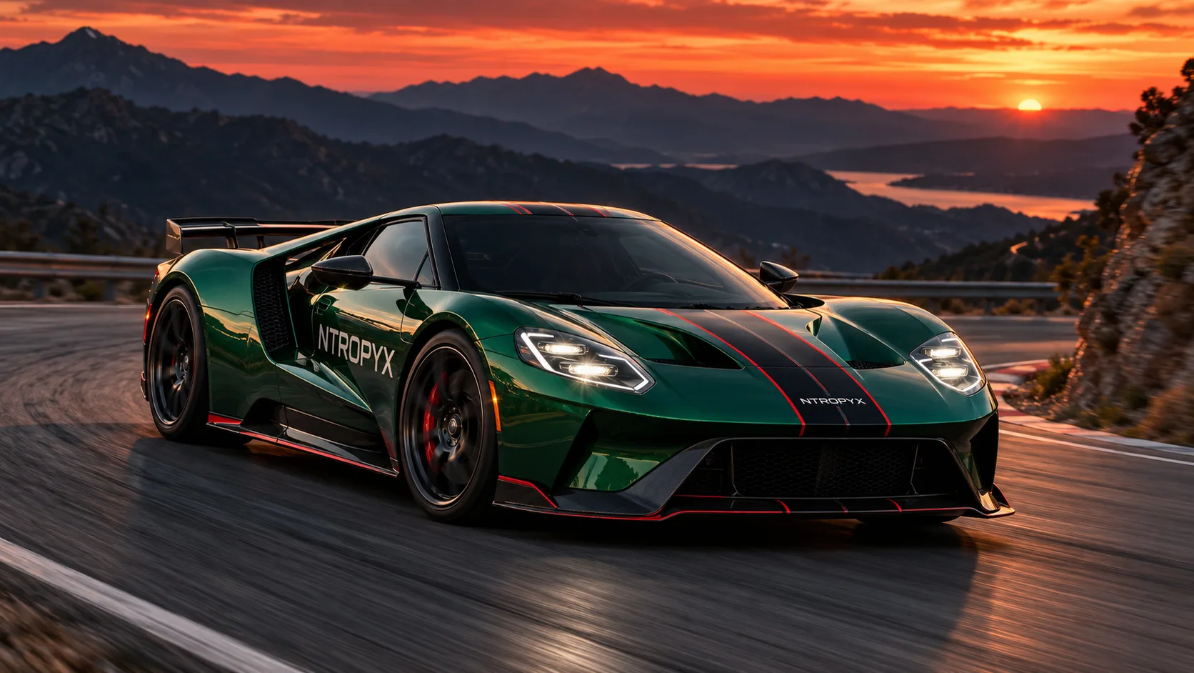 Supercar verte aux couleurs NTROPYX sur une route de montagne au coucher du soleil