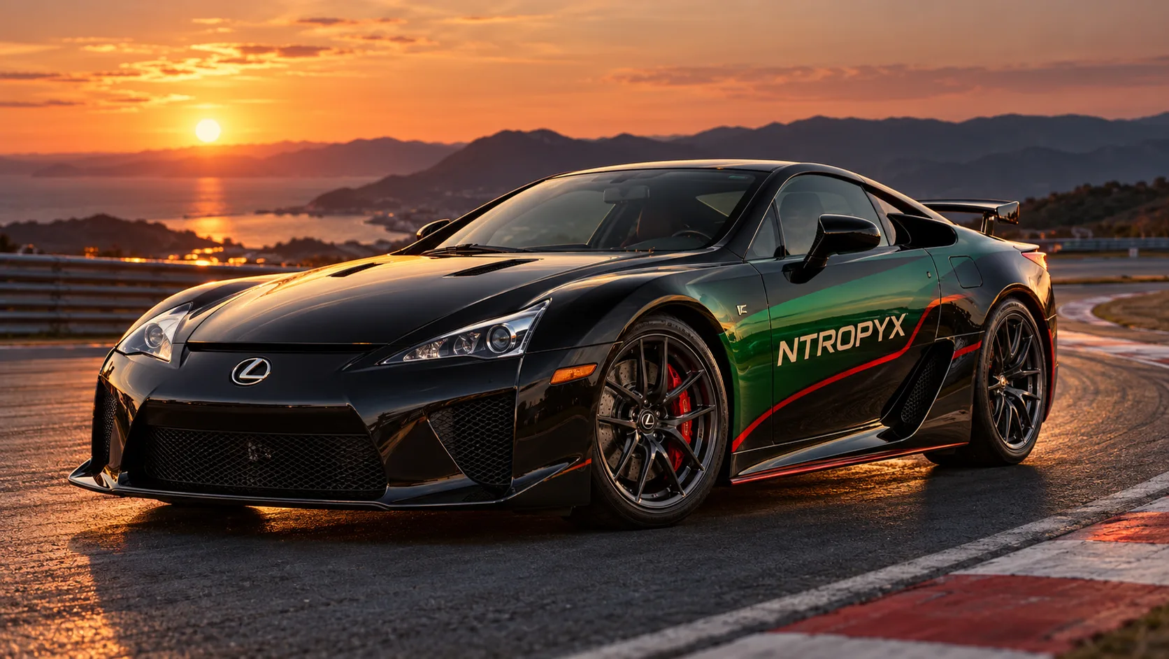 Supercar sur un circuit au coucher du soleil